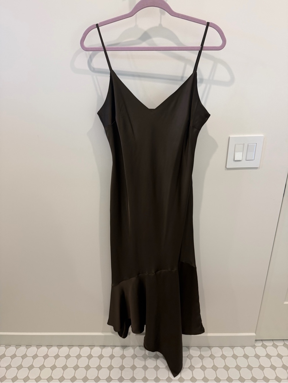 Satin Slip Midi Dress with Flounce Hem - Espresso